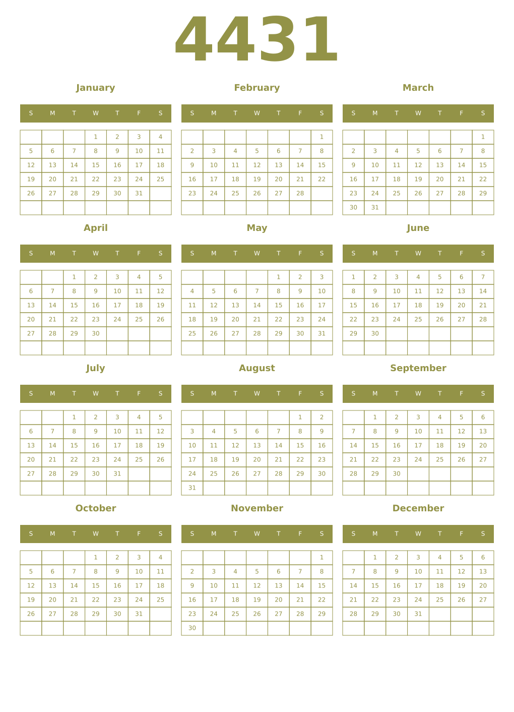 Printable 4431 Year Calendars eburnean