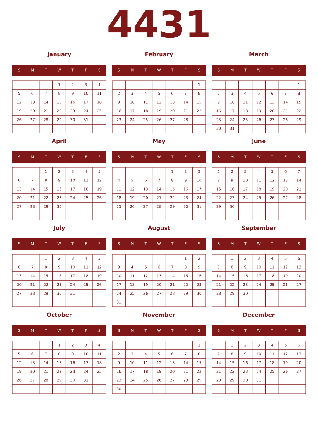 Printable 4431 Year Calendars falu