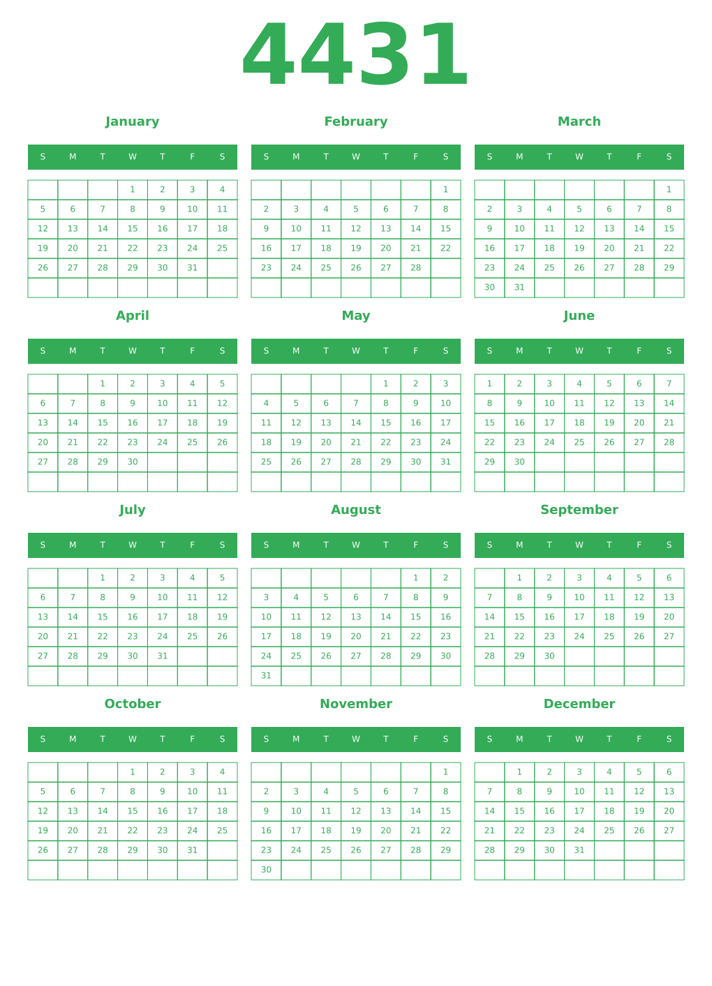 Printable 4431 Year Calendars green