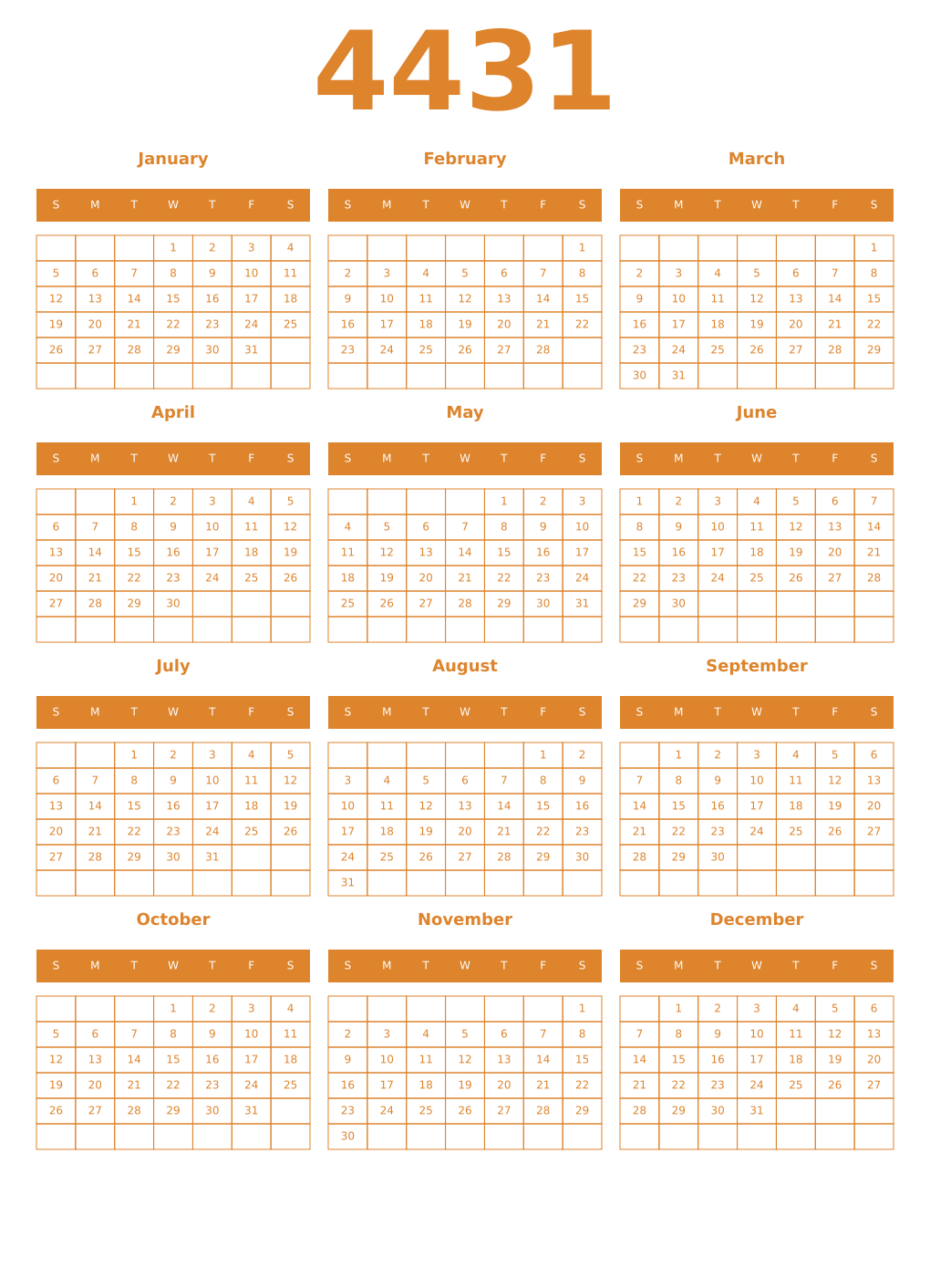 Printable 4431 Year Calendars orange