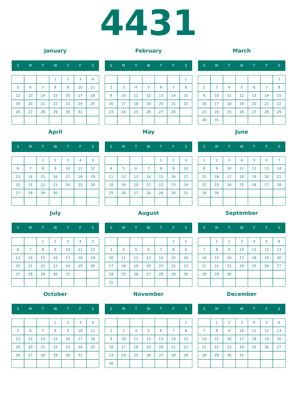 Printable 4431 Year Calendars pastel