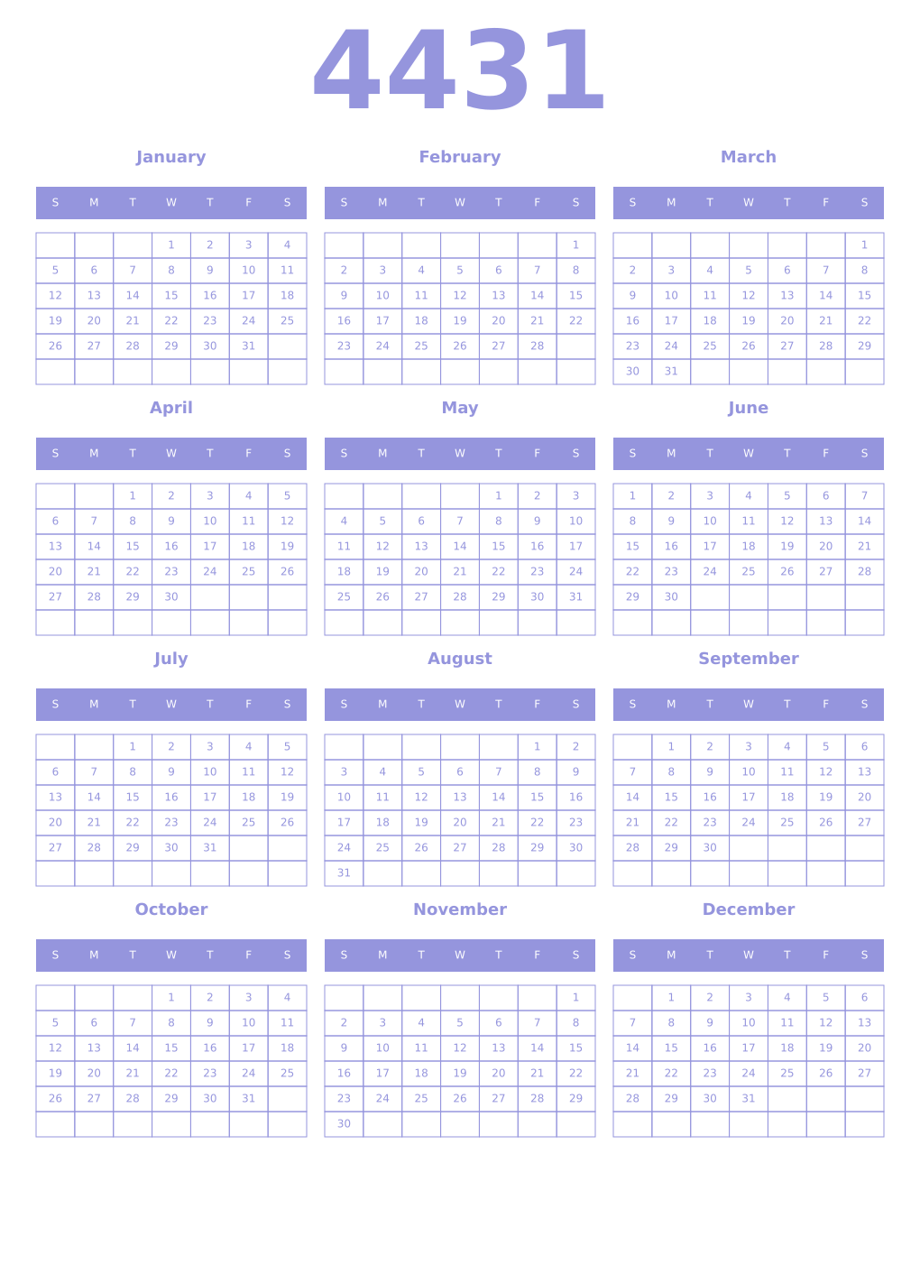 Printable 4431 Year Calendars periwinkle