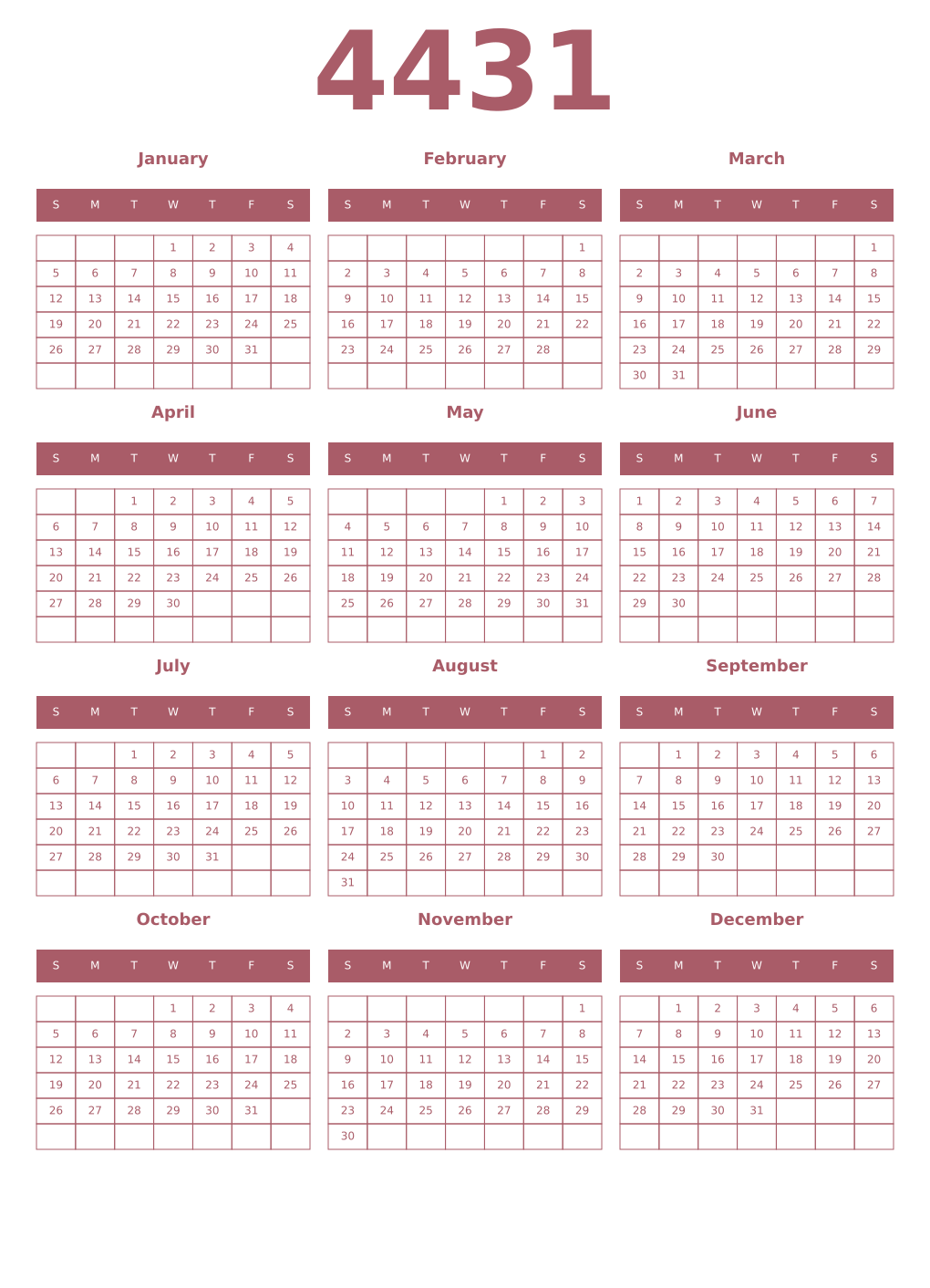 Printable 4431 Year Calendars puce