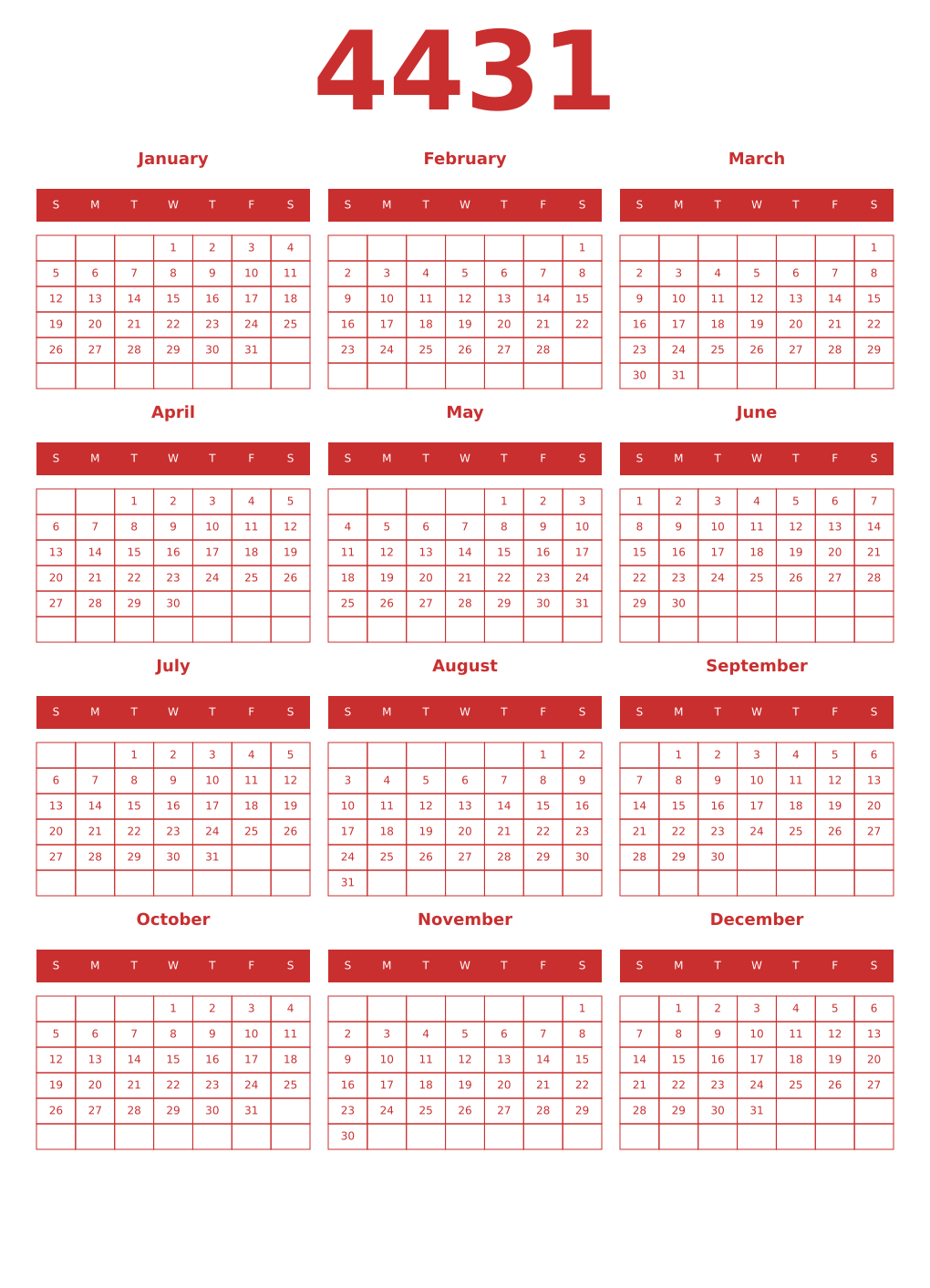 Printable 4431 Year Calendars red