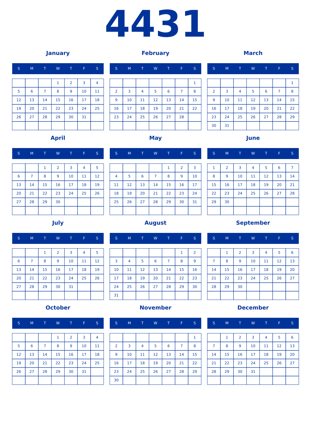 Printable 4431 Year Calendars smalt