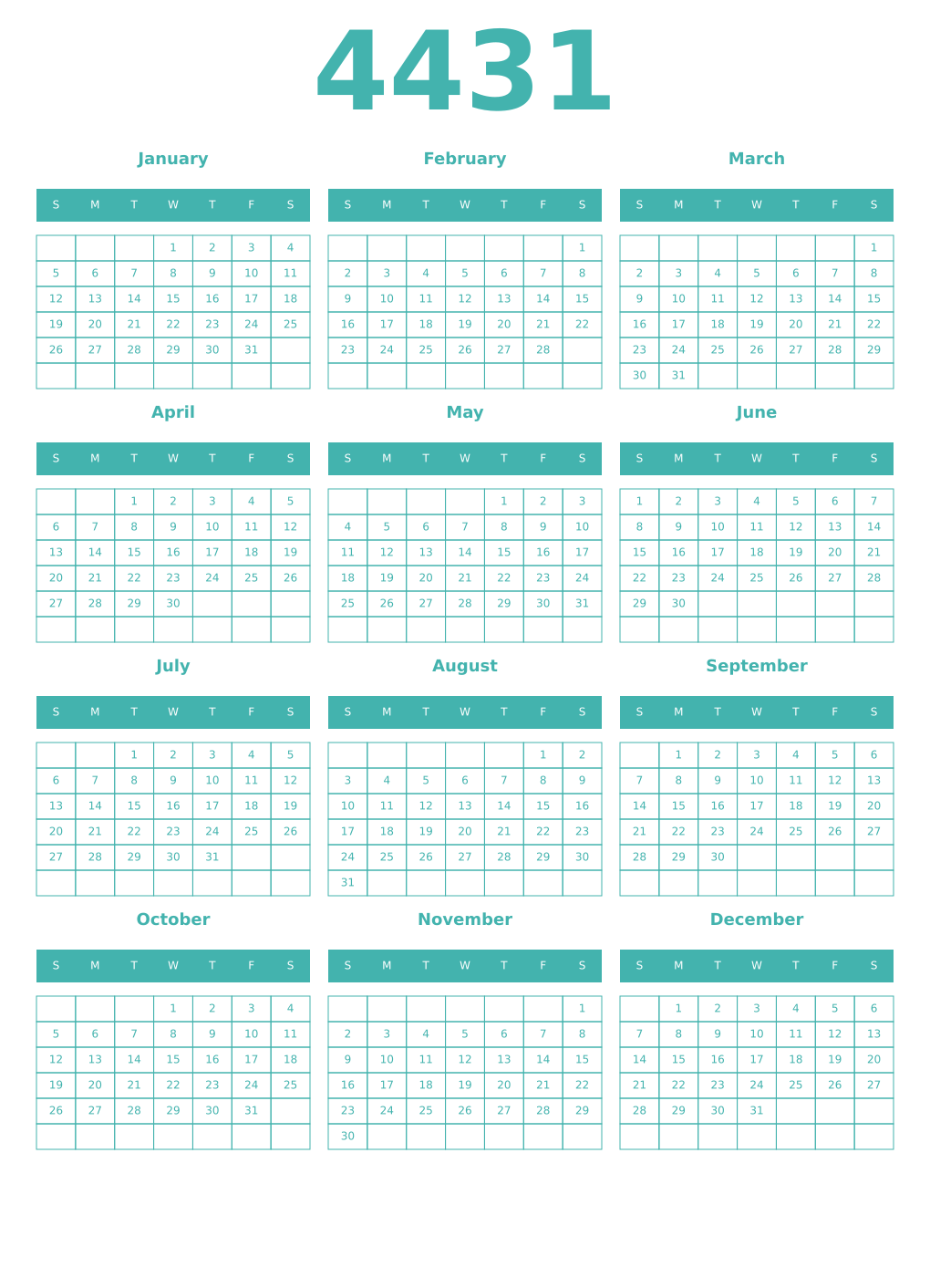 Printable 4431 Year Calendars verdigris