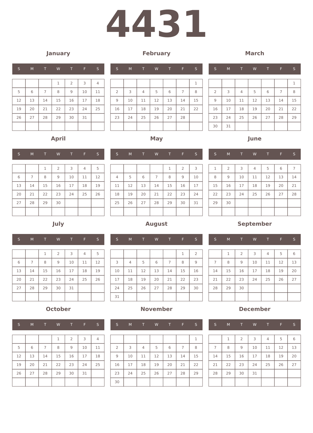 Printable 4431 Year Calendars wenge