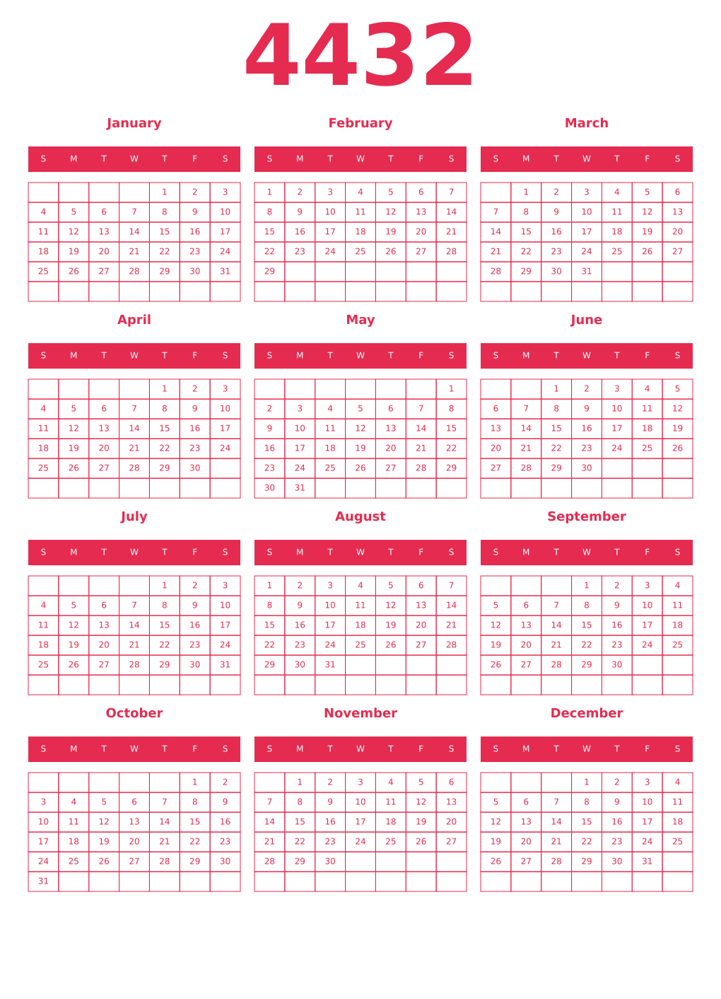 Printable 4432 Year Calendars amaranth