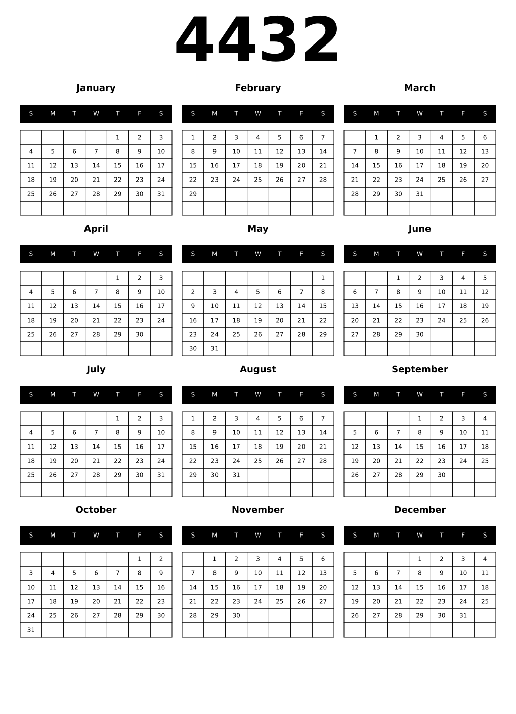 Printable 4432 Year Calendars black