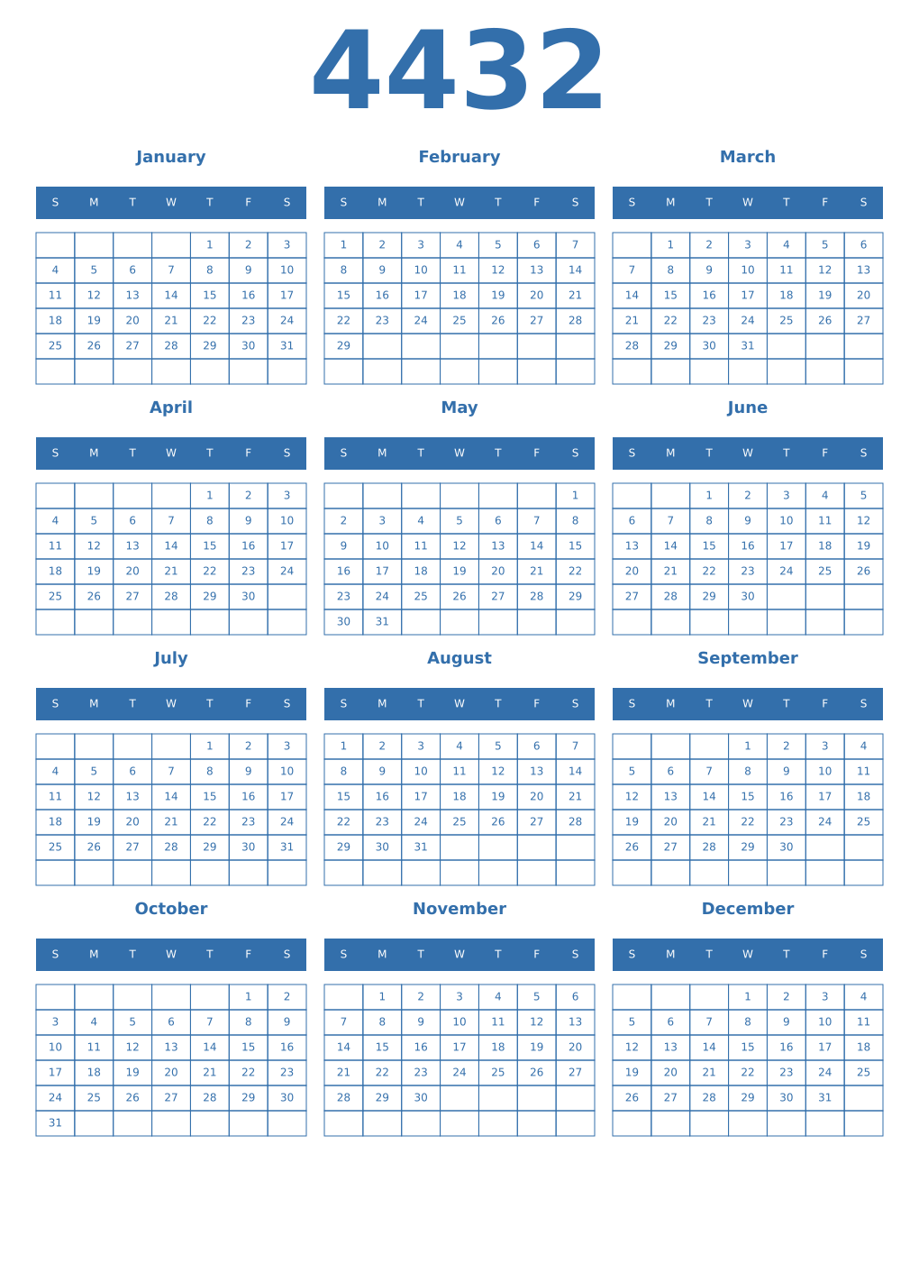 Printable 4432 Year Calendars blue