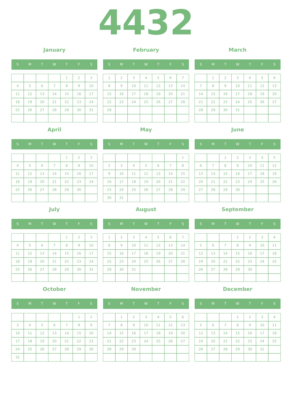 Printable 4432 Year Calendars celadon