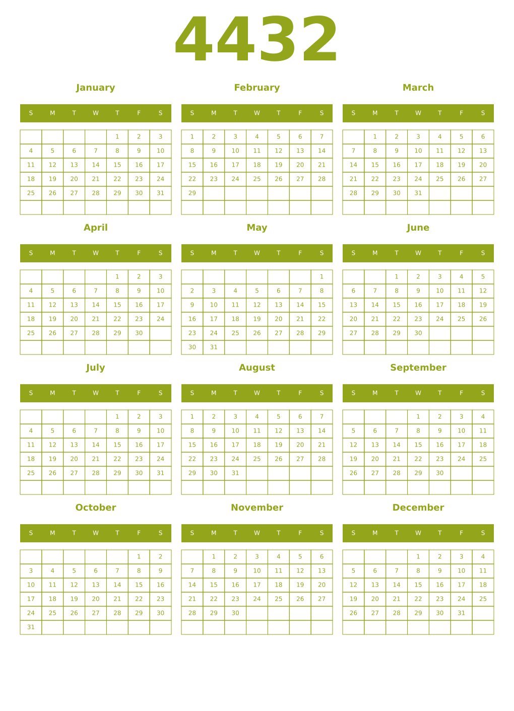 Printable 4432 Year Calendars chartreuse