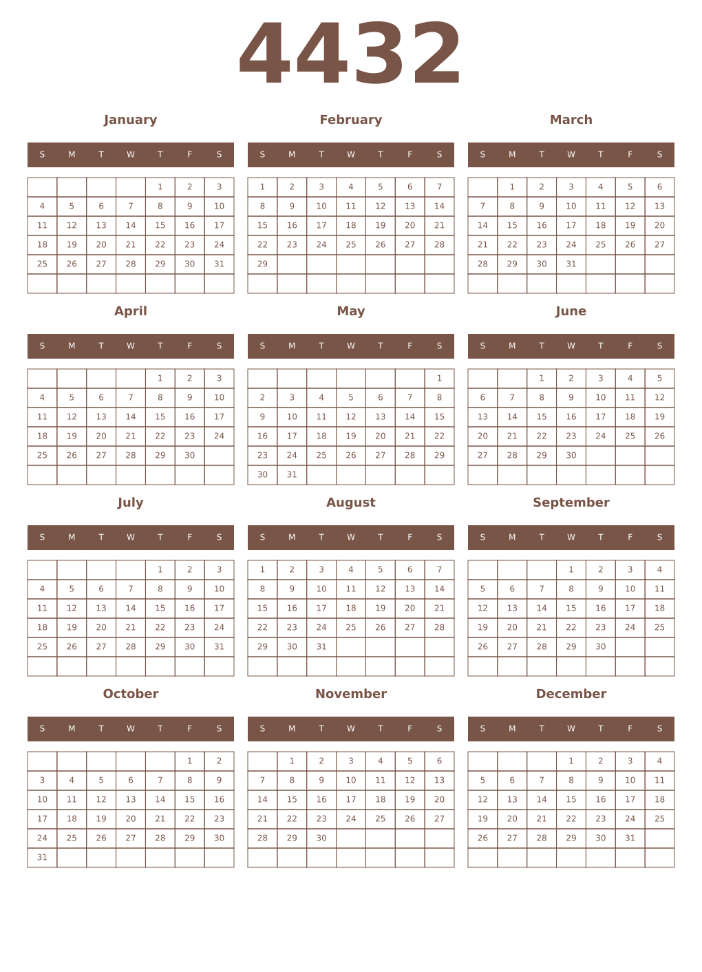Printable 4432 Year Calendars coffe