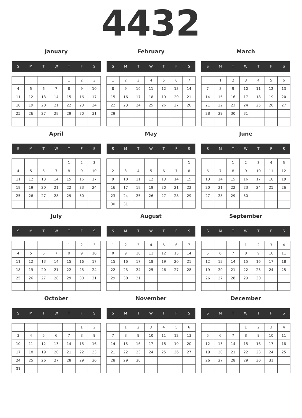 Printable 4432 Year Calendars dark