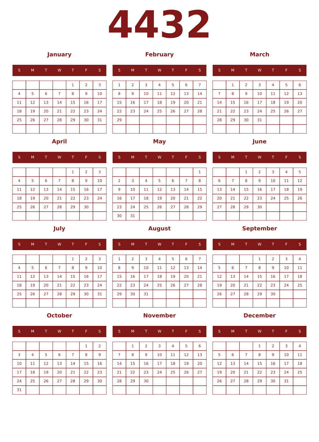 Printable 4432 Year Calendars falu