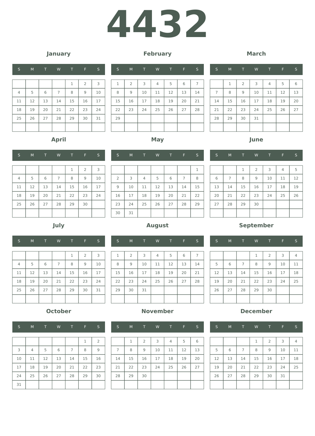 Printable 4432 Year Calendars feldgrau