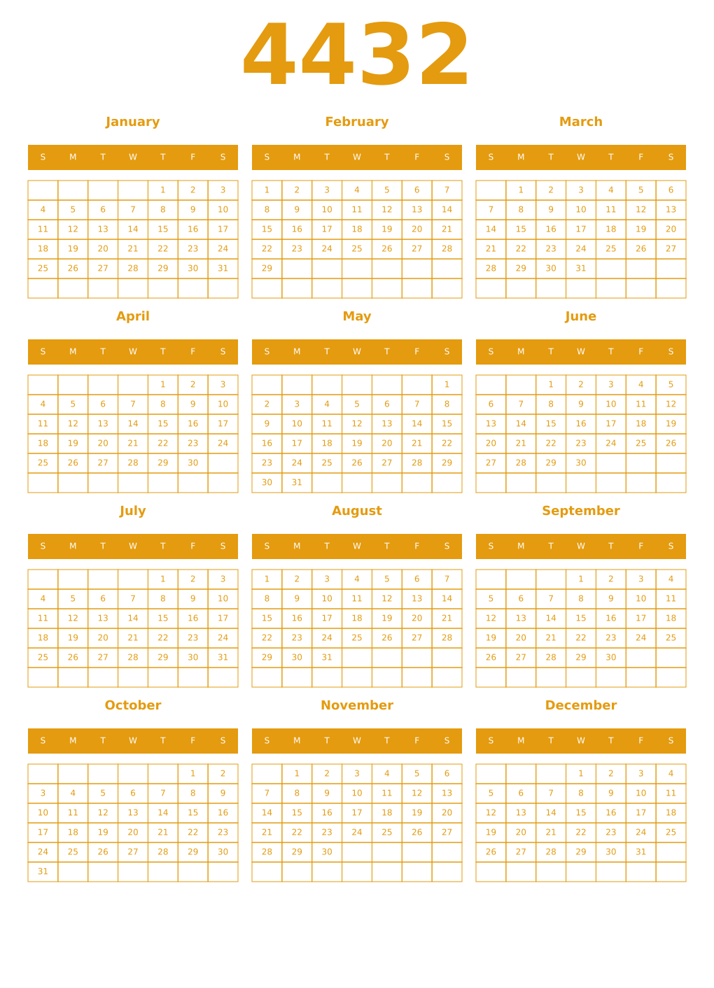 Printable 4432 Year Calendars gamboge