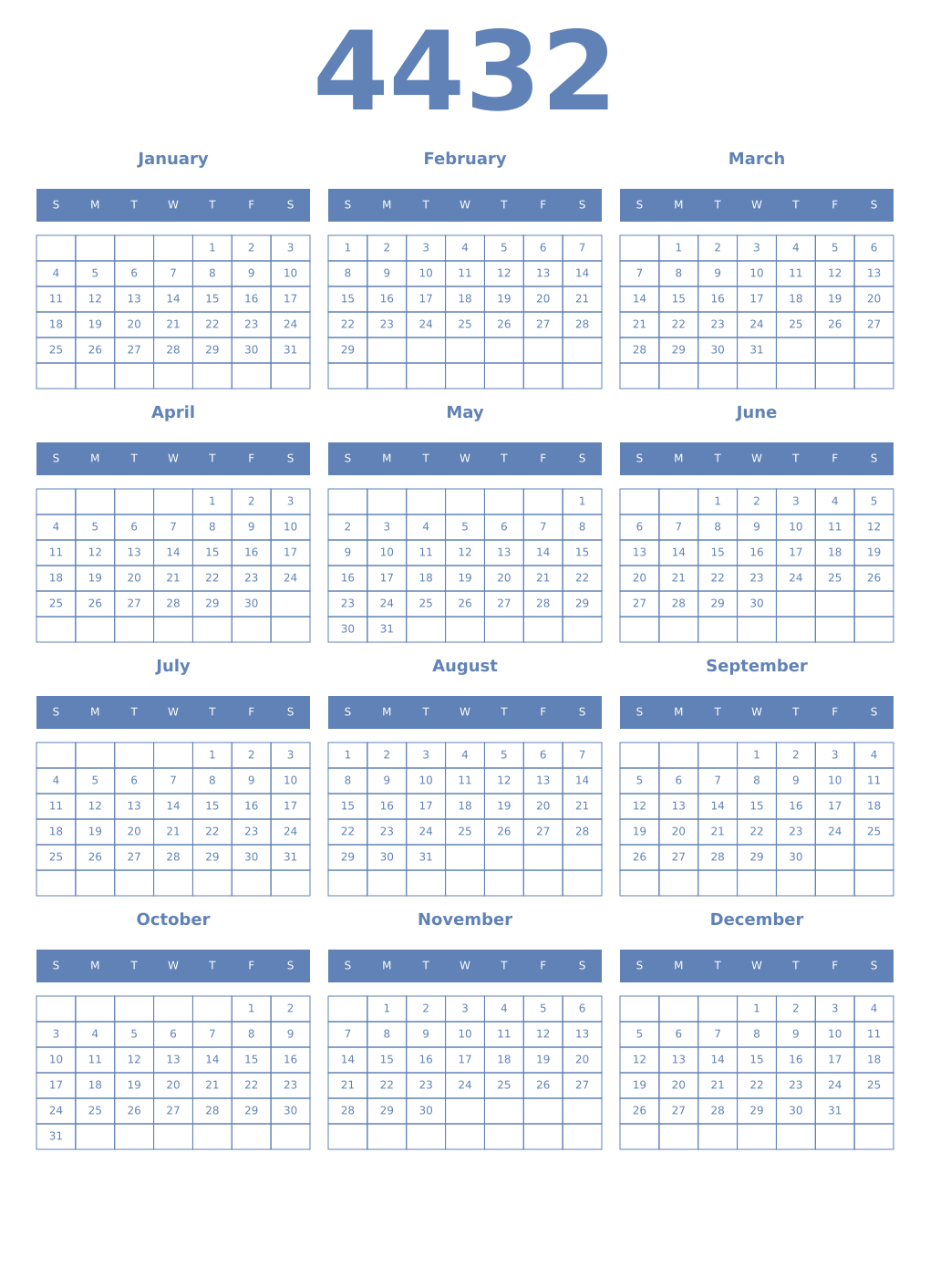 Printable 4432 Year Calendars glaucous
