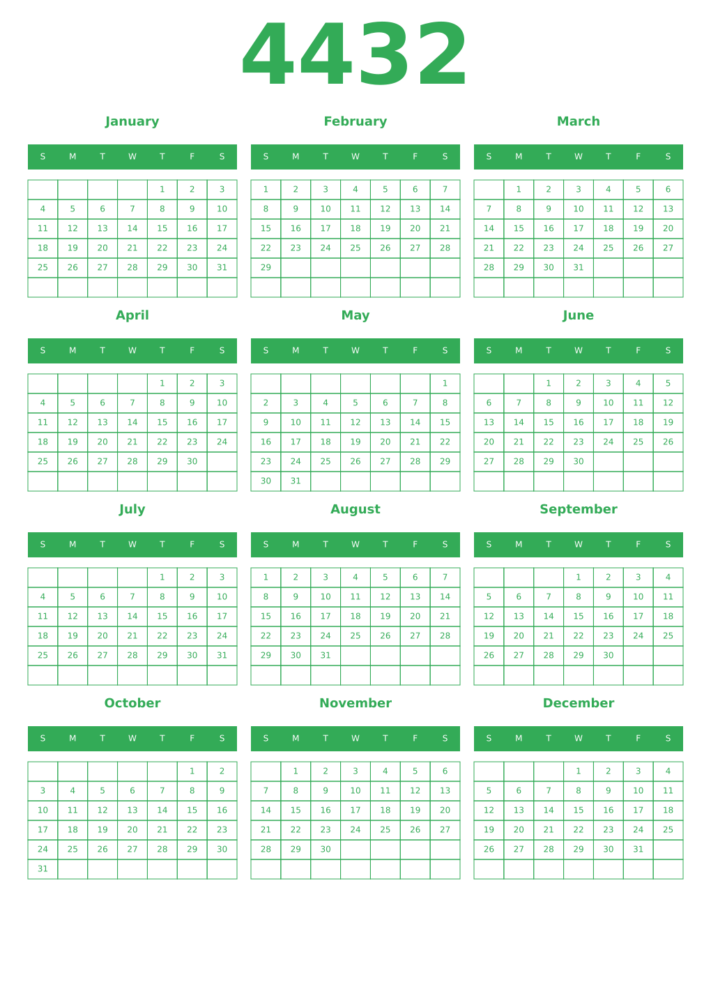 Printable 4432 Year Calendars green