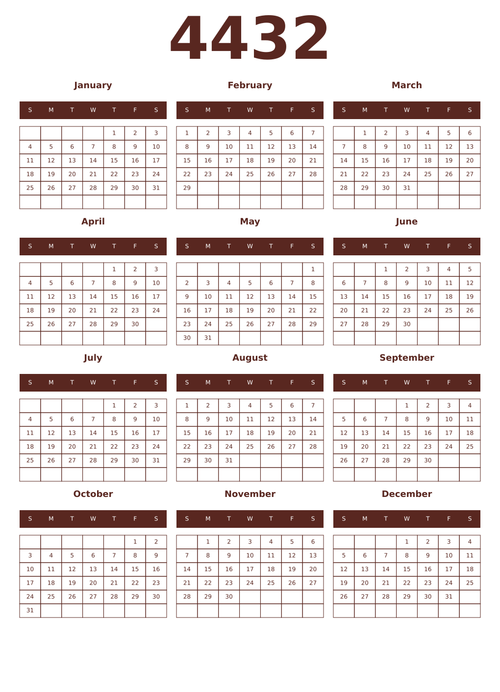 Printable 4432 Year Calendars mortuum