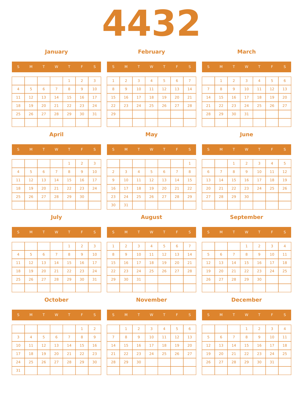 Printable 4432 Year Calendars orange