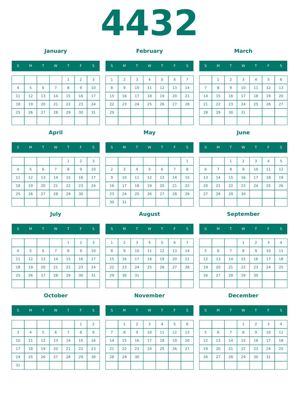 Printable 4432 Year Calendars pastel