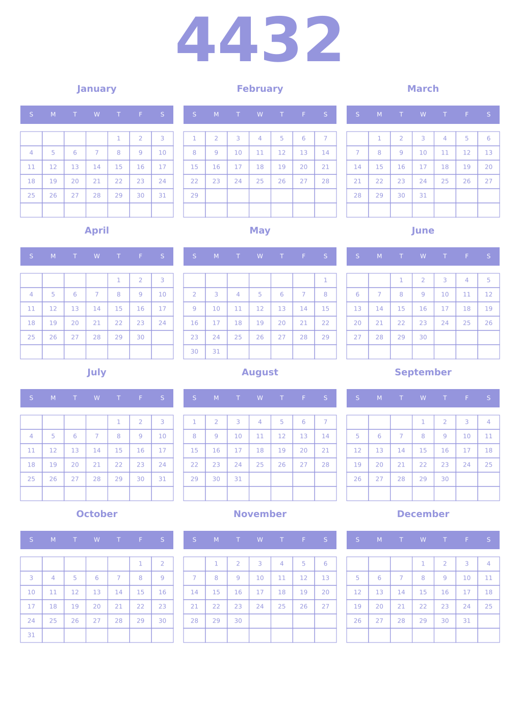 Printable 4432 Year Calendars periwinkle