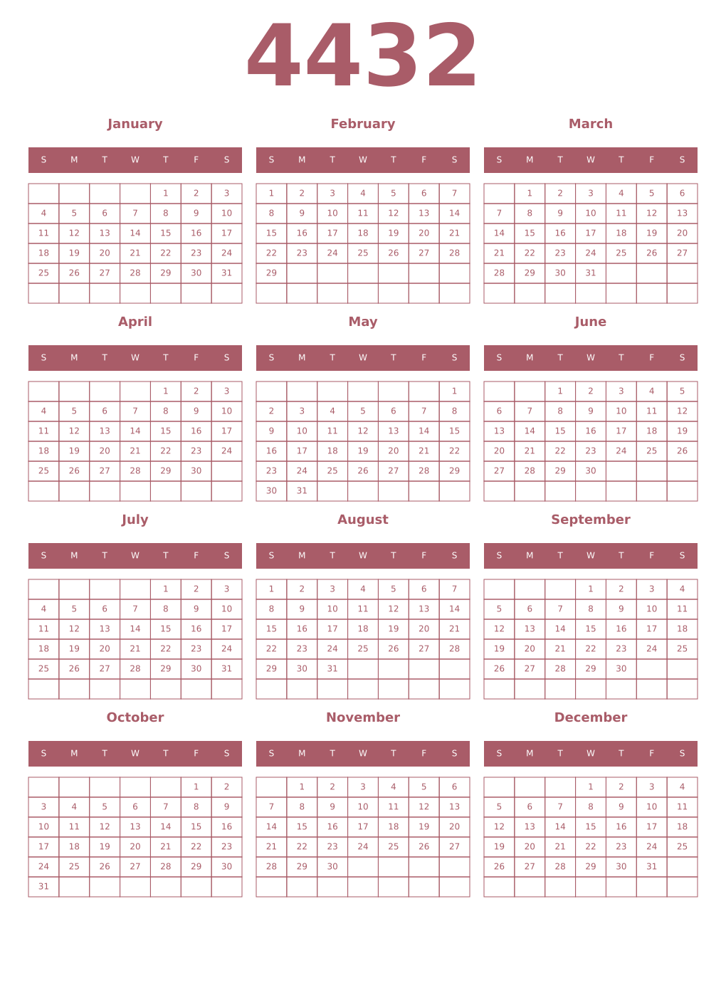 Printable 4432 Year Calendars puce