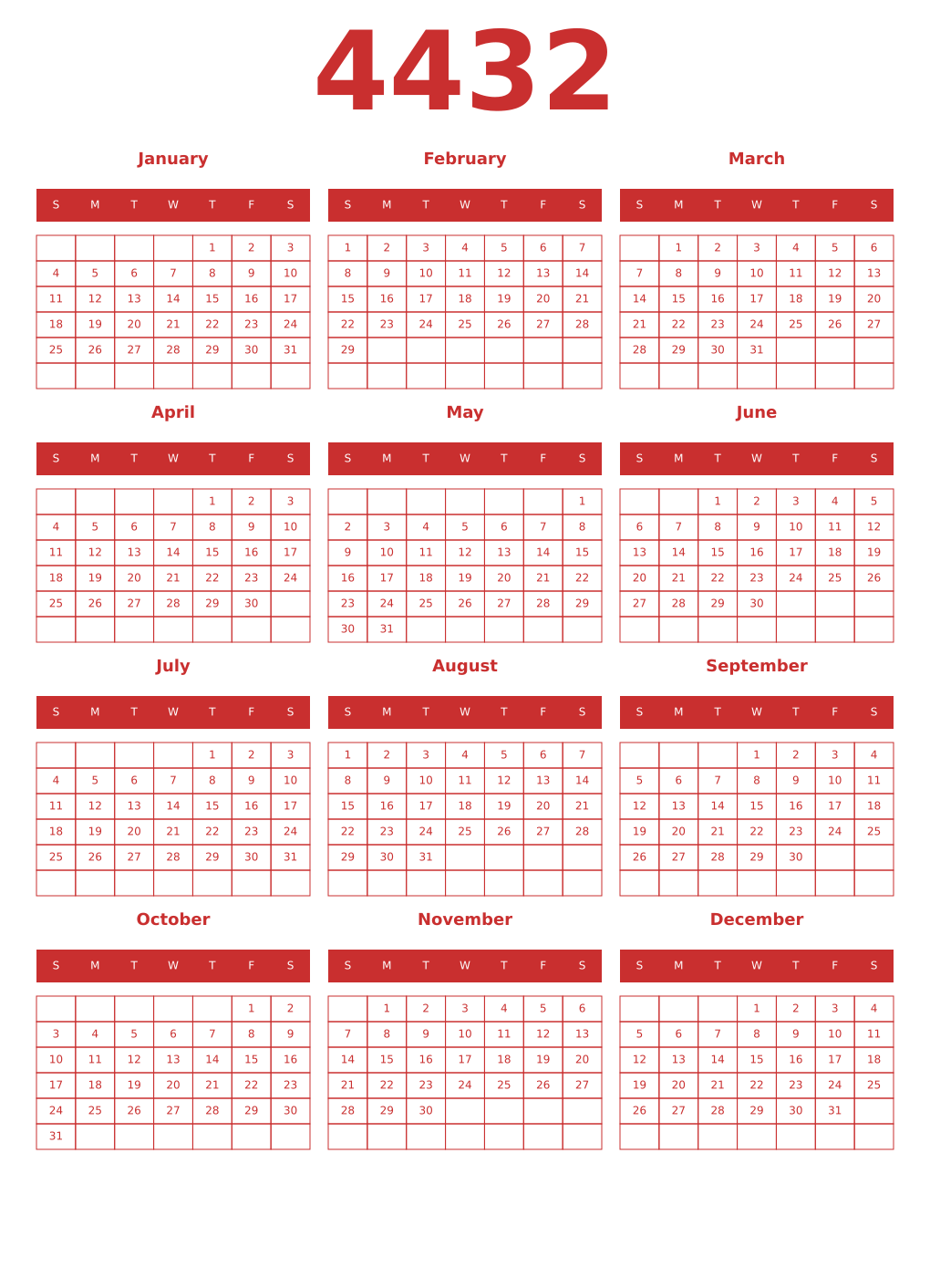 Printable 4432 Year Calendars red