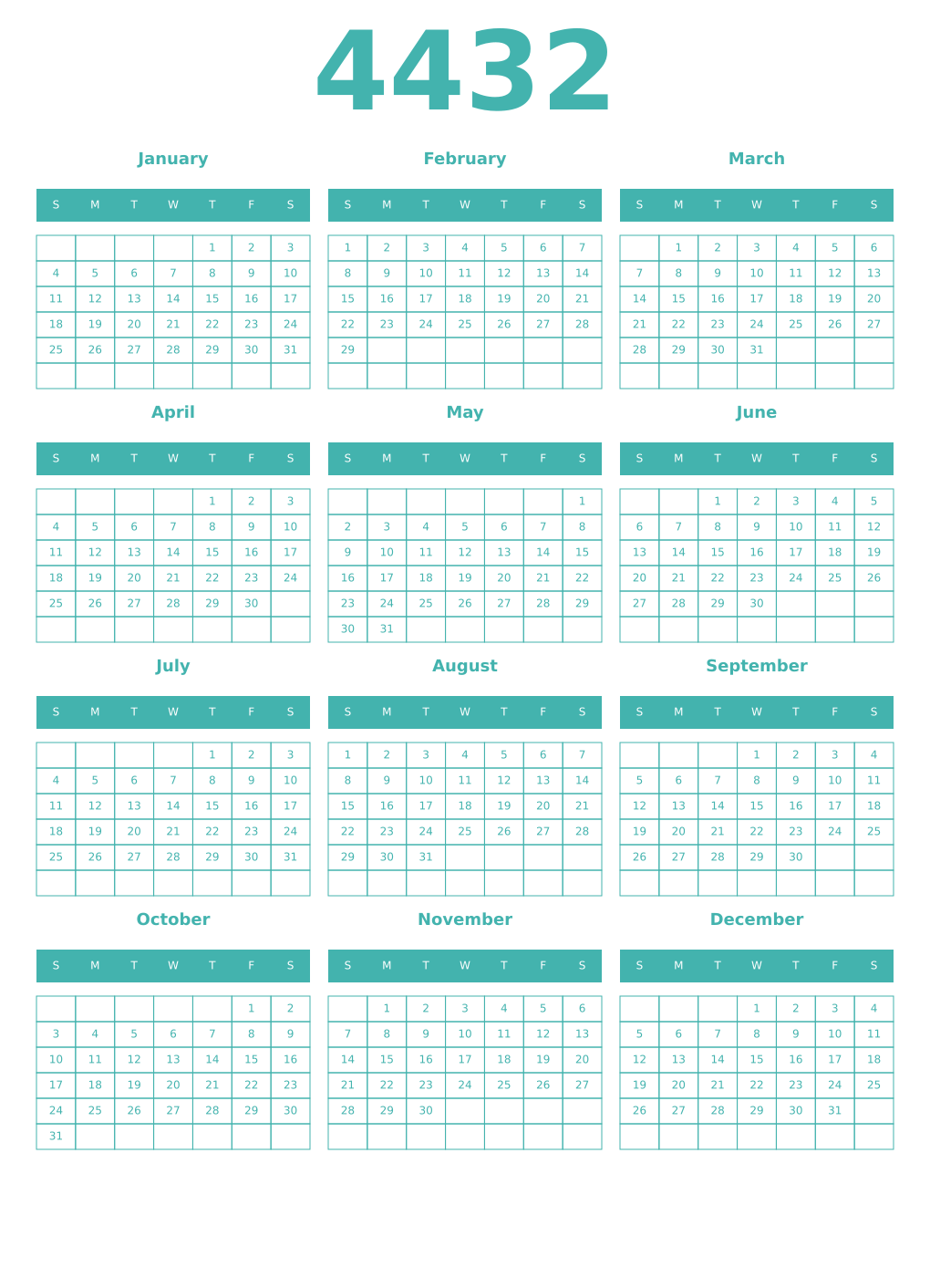 Printable 4432 Year Calendars verdigris