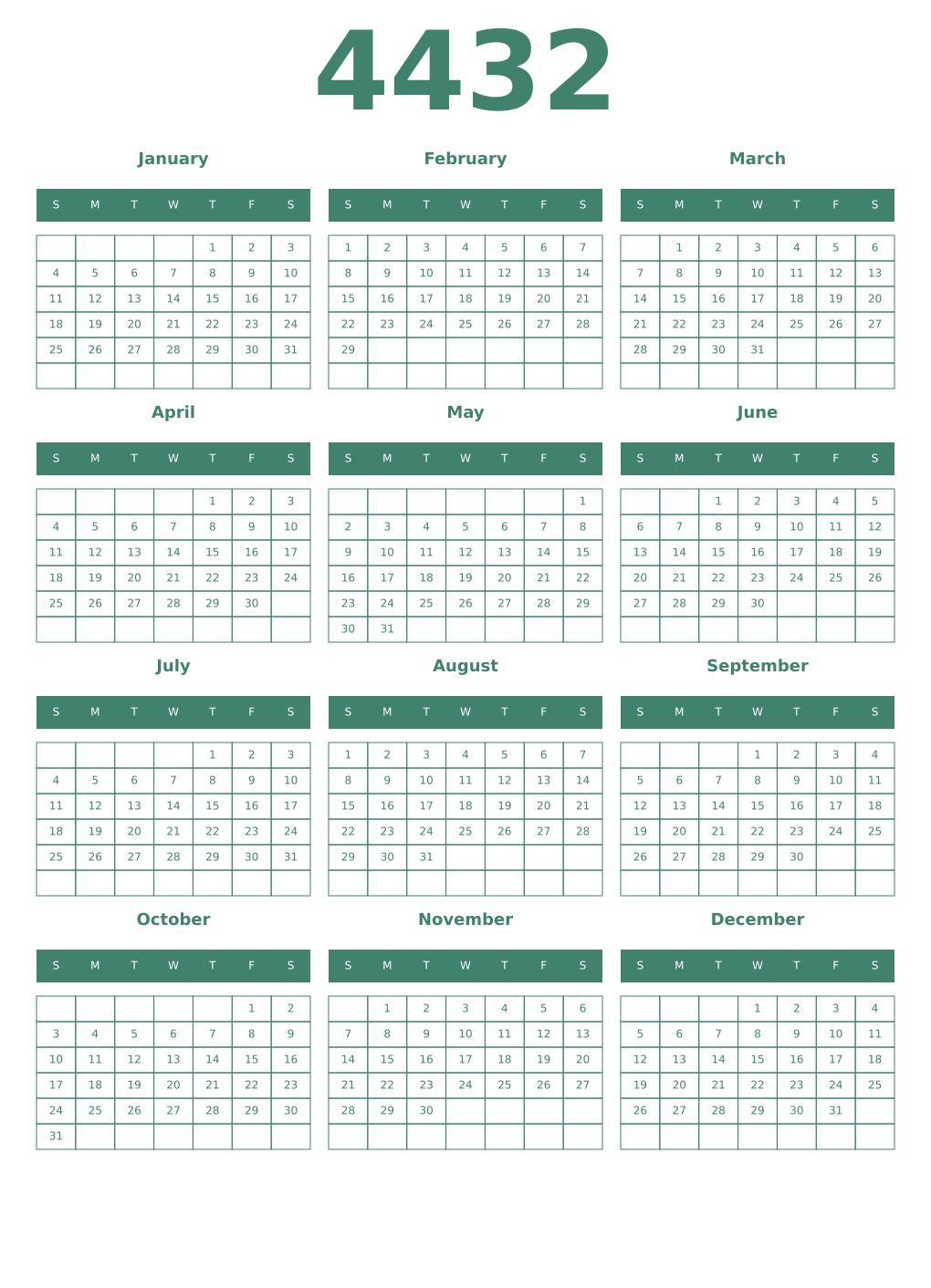 Printable 4432 Year Calendars viridian