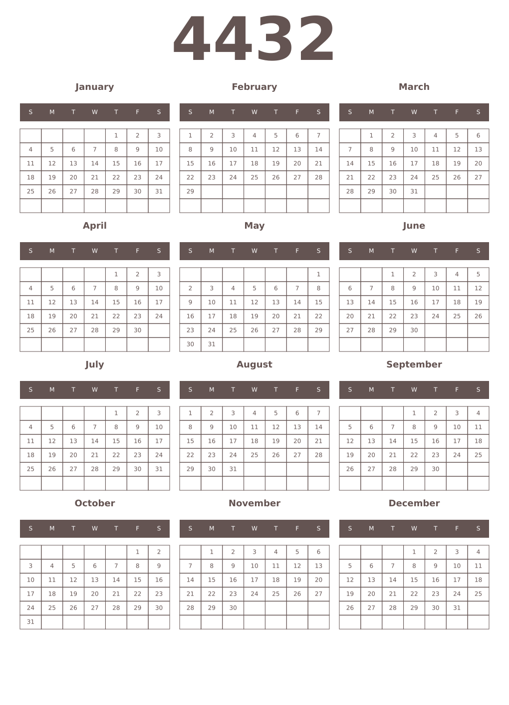 Printable 4432 Year Calendars wenge