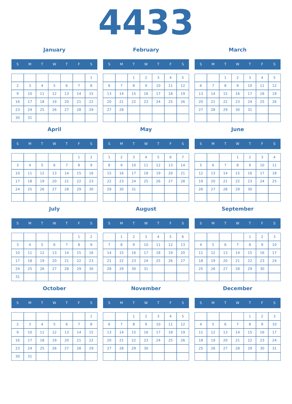 Printable 4433 Year Calendars blue