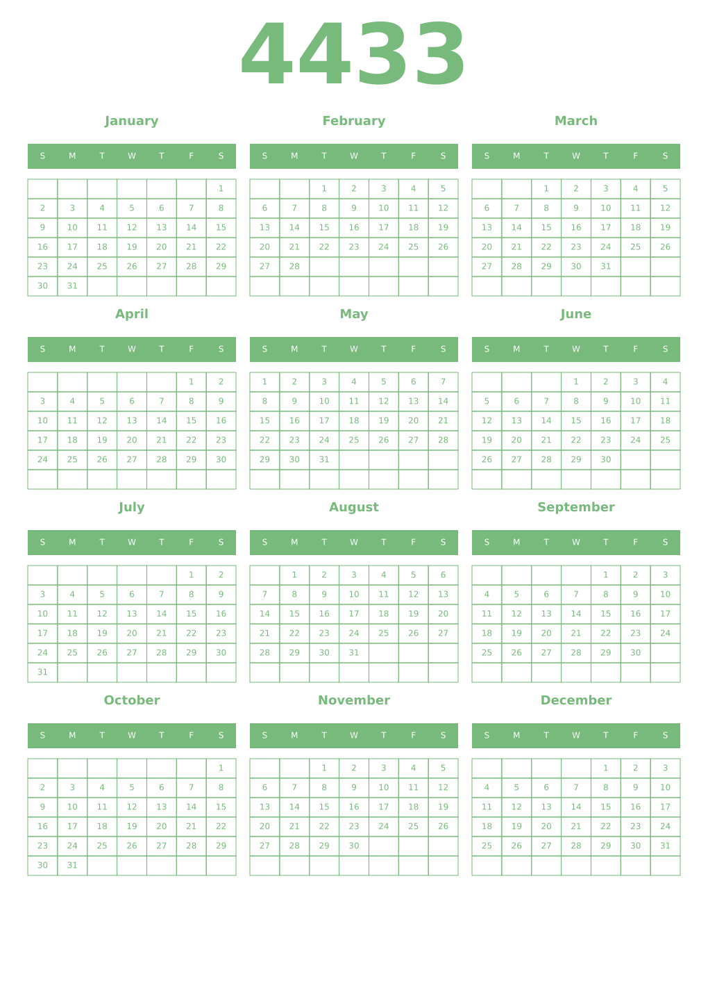 Printable 4433 Year Calendars celadon