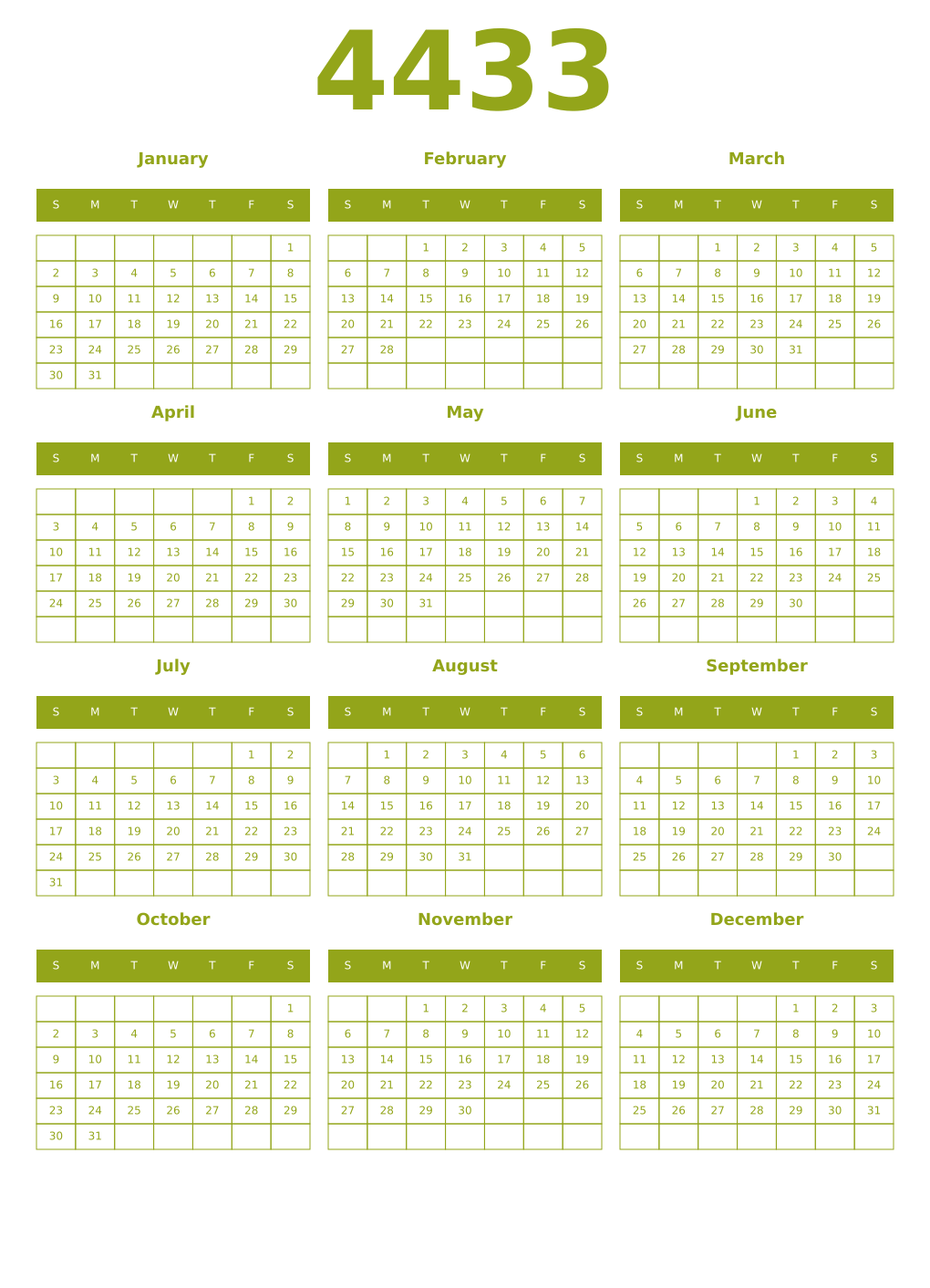 Printable 4433 Year Calendars chartreuse