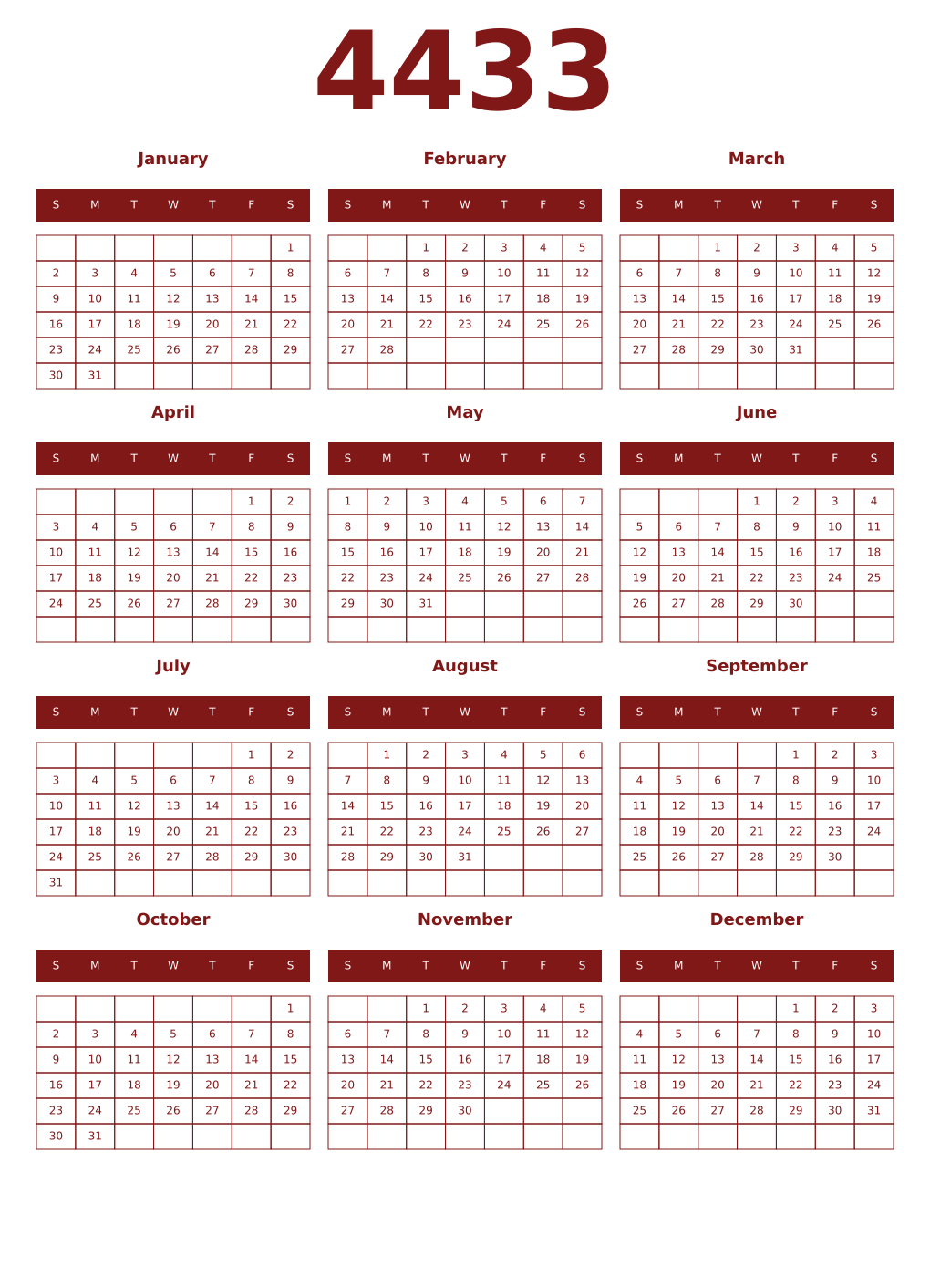 Printable 4433 Year Calendars falu
