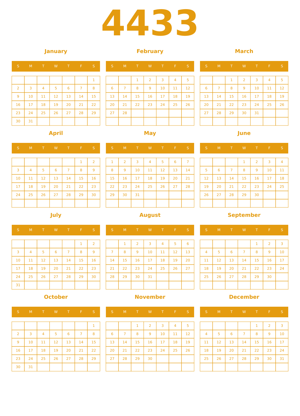 Printable 4433 Year Calendars gamboge
