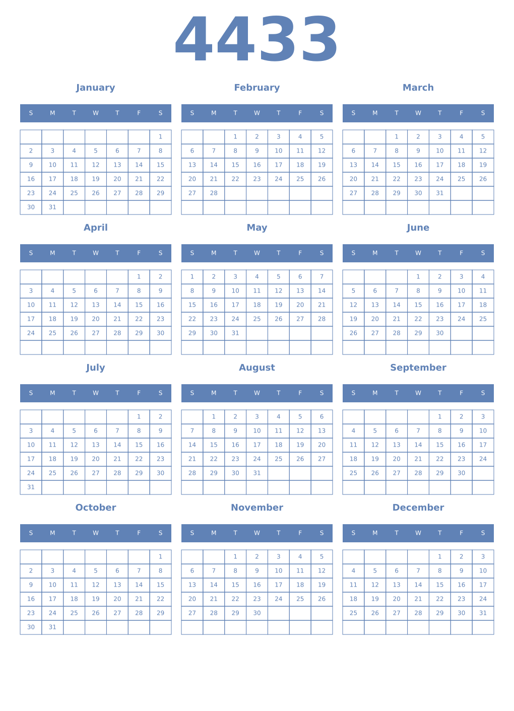 Printable 4433 Year Calendars glaucous