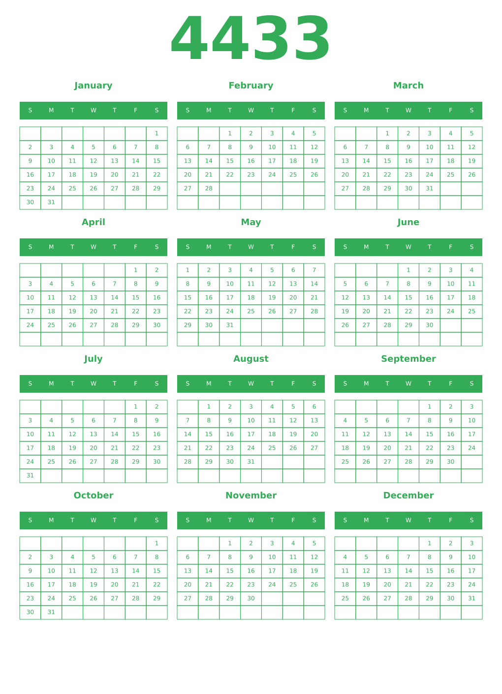 Printable 4433 Year Calendars green