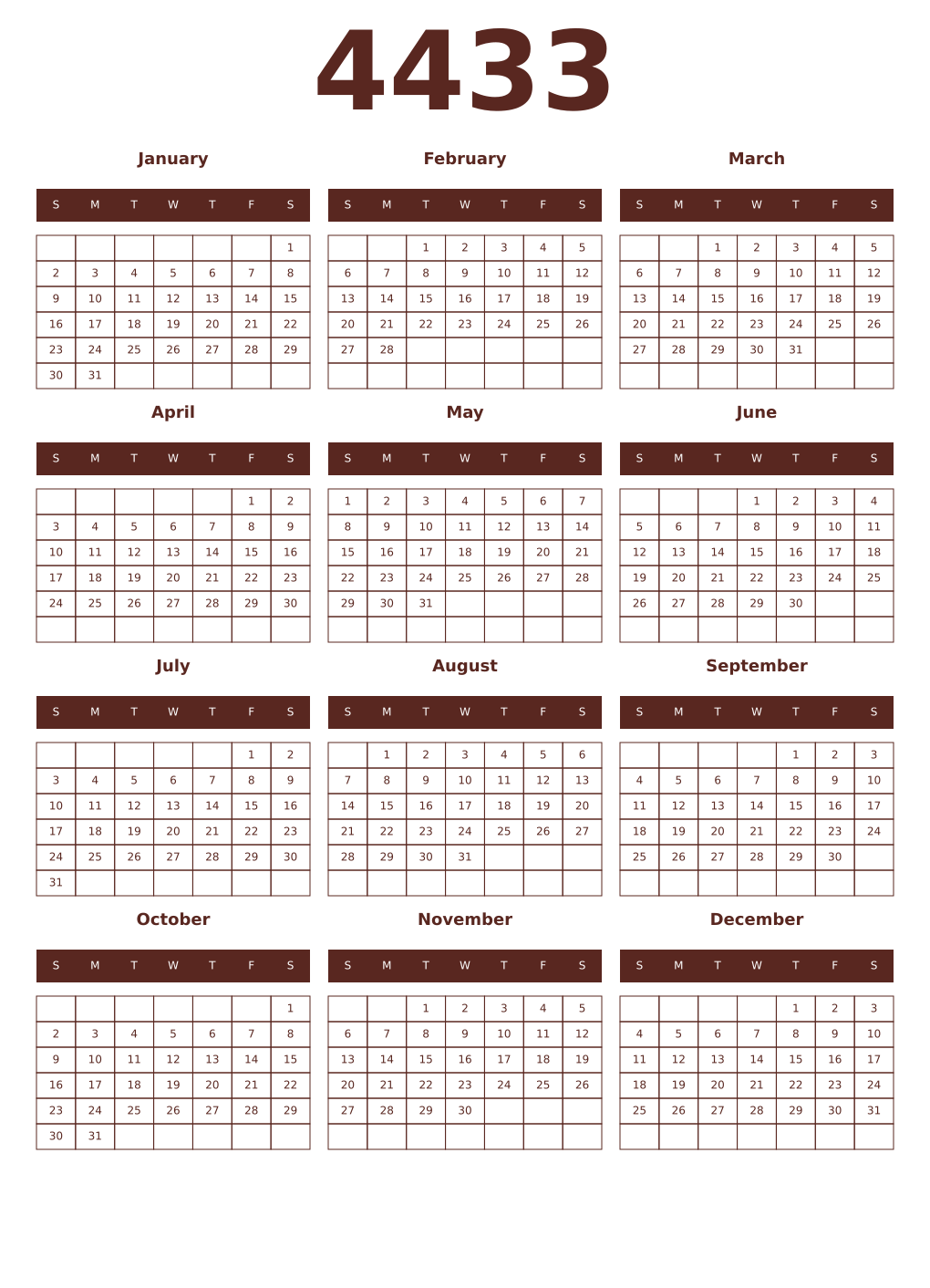 Printable 4433 Year Calendars mortuum