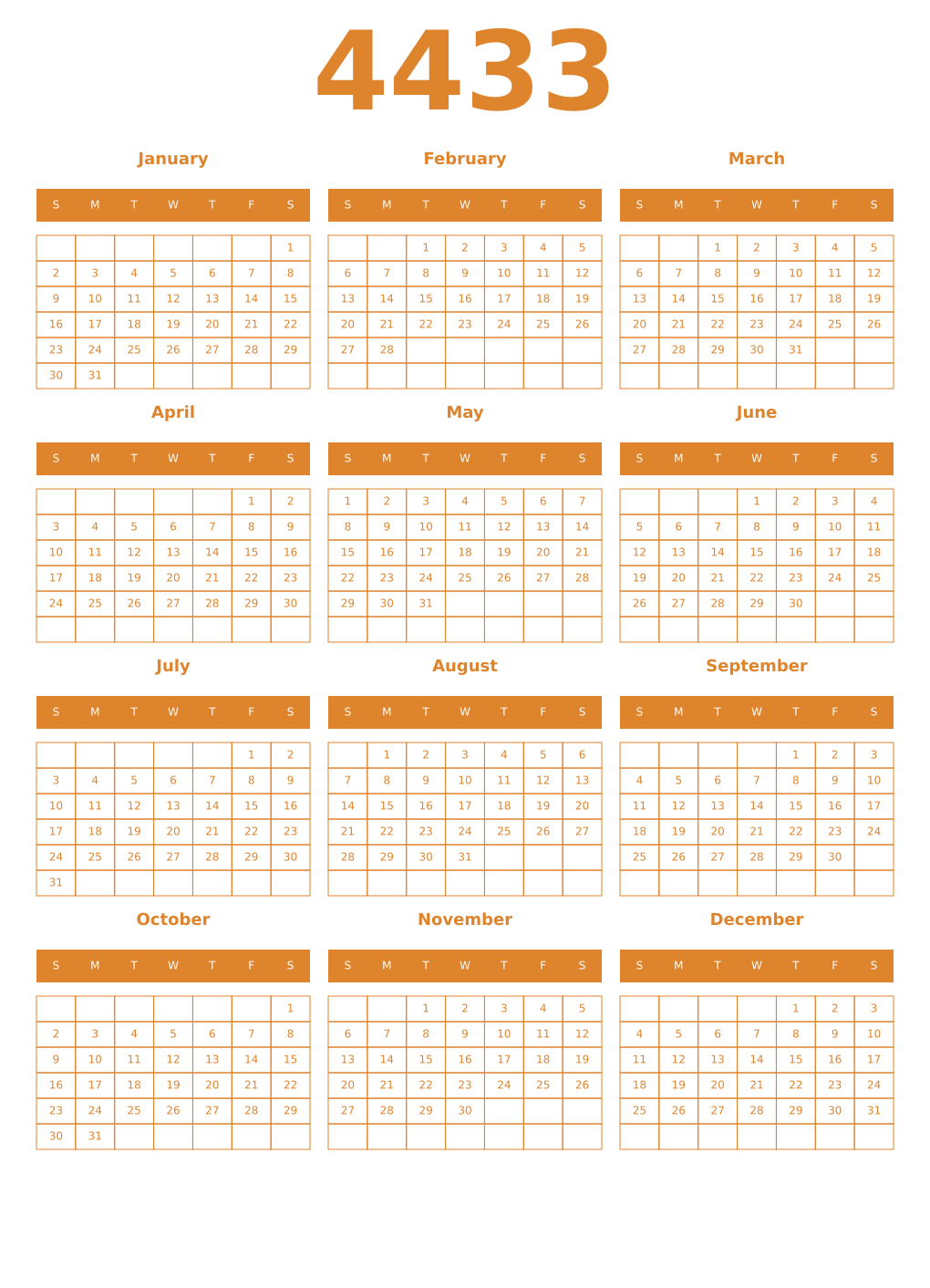 Printable 4433 Year Calendars orange