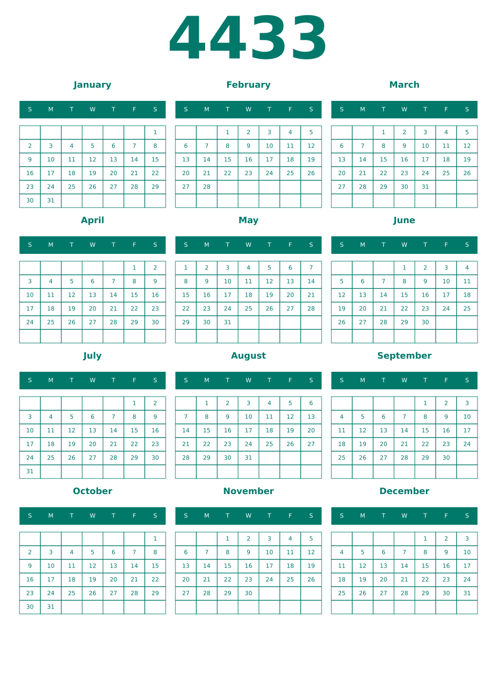Printable 4433 Year Calendars pastel