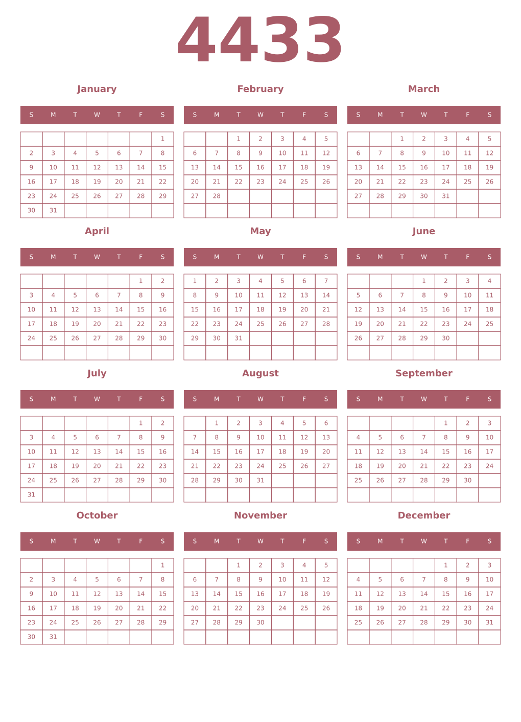Printable 4433 Year Calendars puce