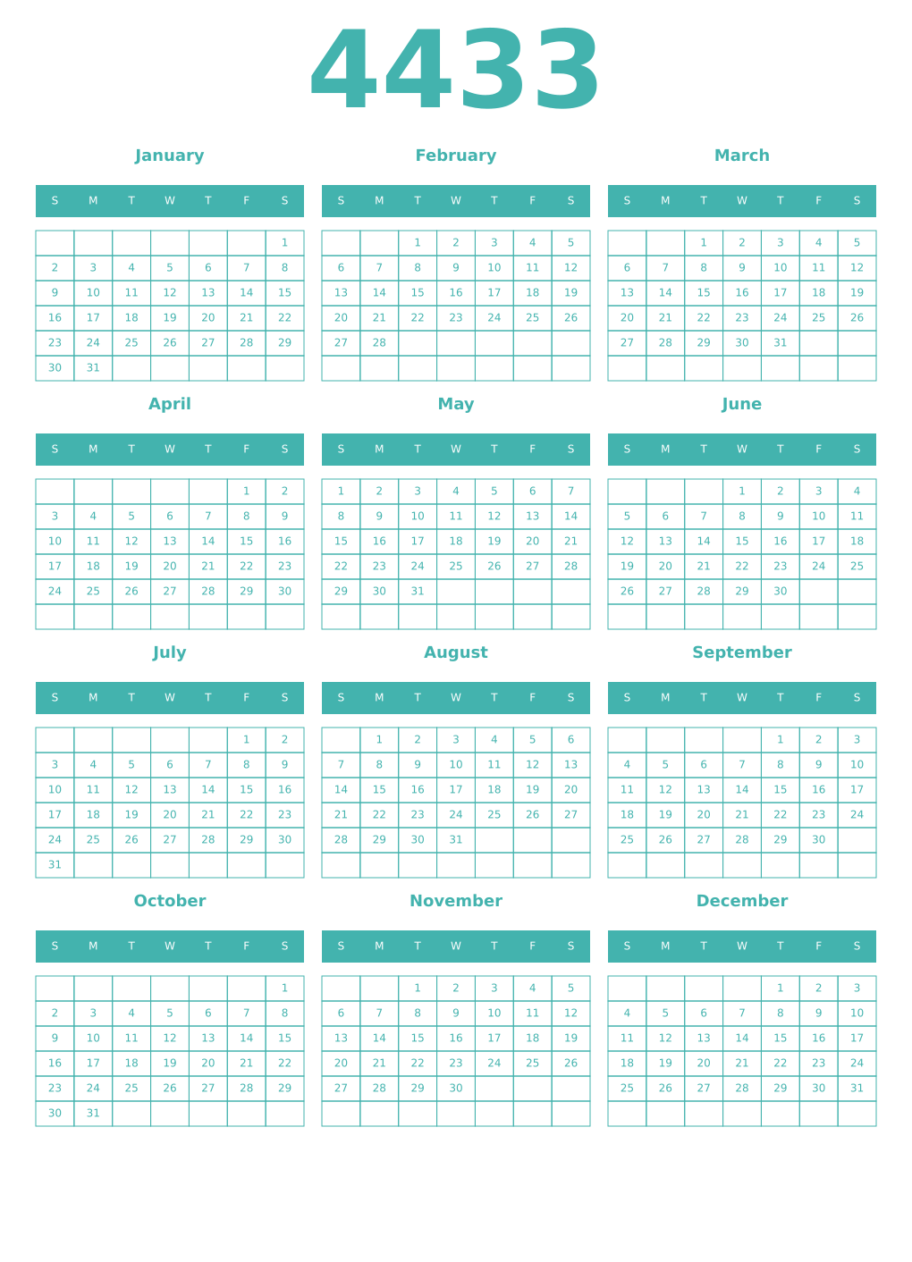 Printable 4433 Year Calendars verdigris