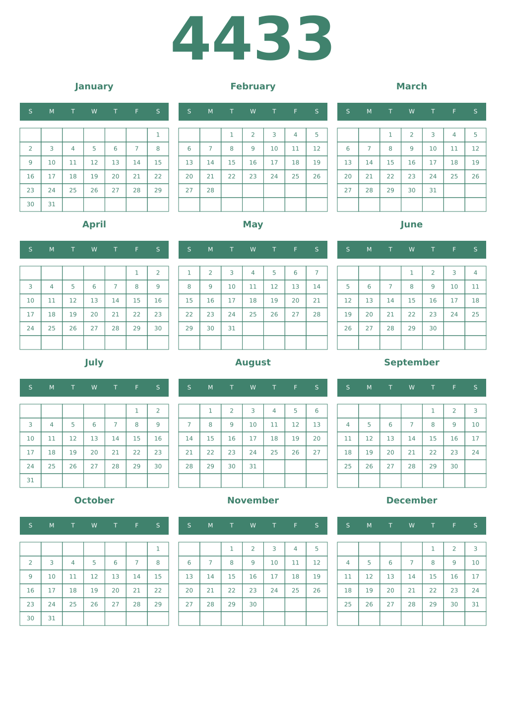 Printable 4433 Year Calendars viridian