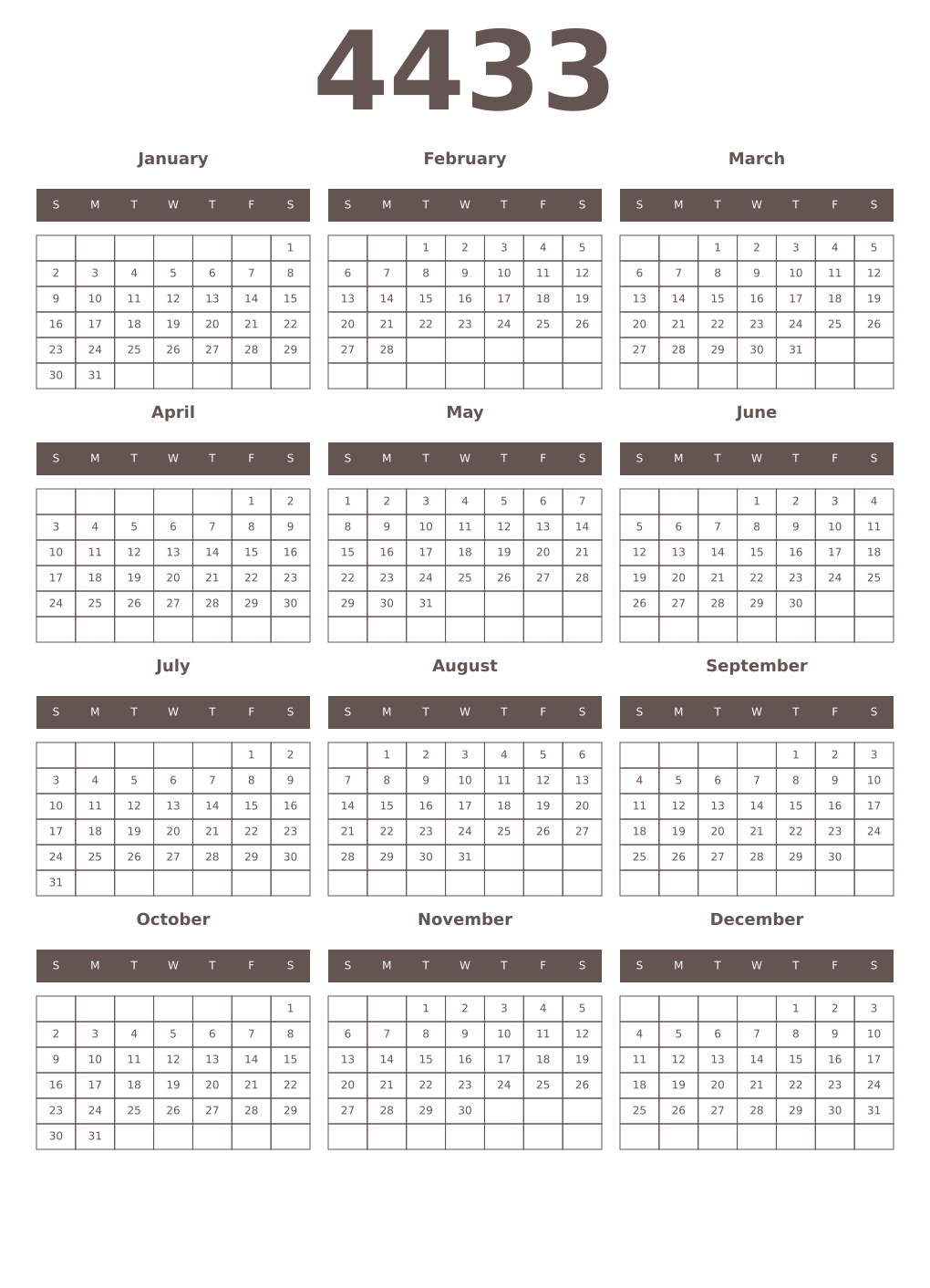 Printable 4433 Year Calendars wenge