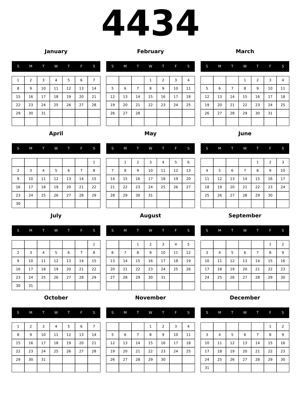 Printable 4434 Year Calendars black