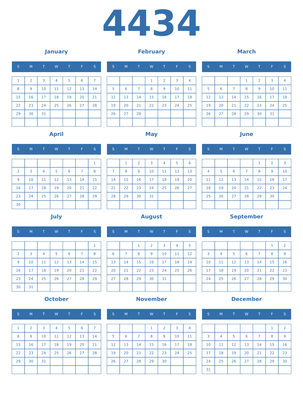 Printable 4434 Year Calendars blue