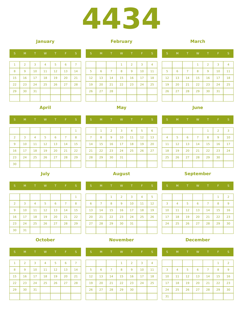 Printable 4434 Year Calendars chartreuse