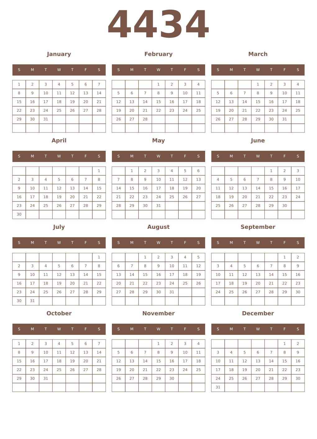 Printable 4434 Year Calendars coffe